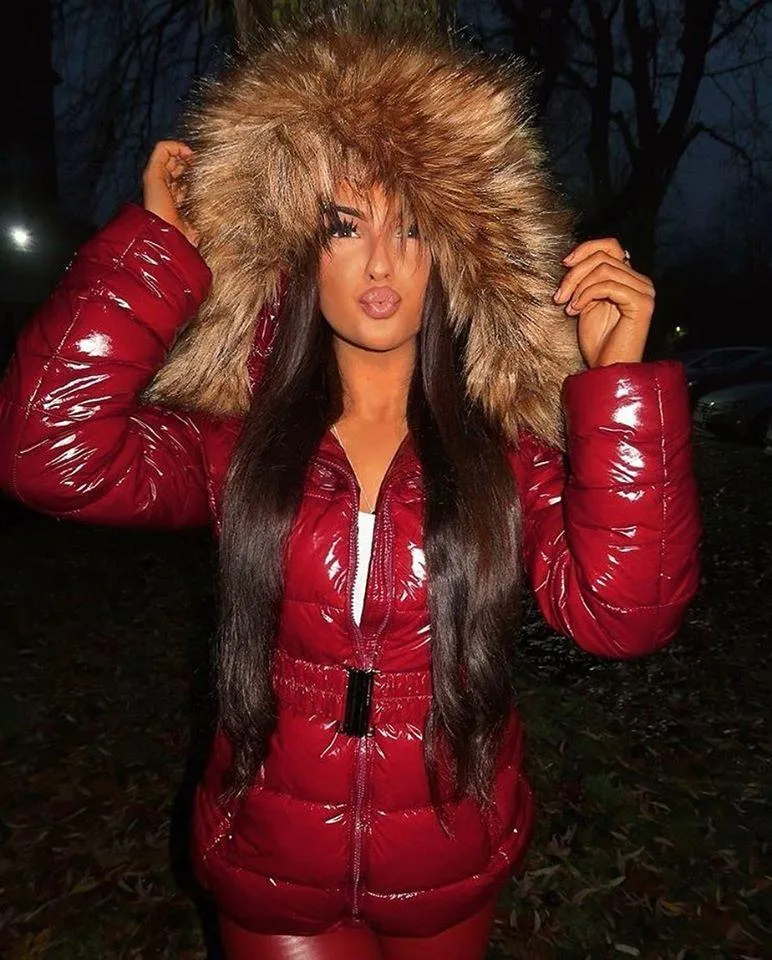 Wine wet look belted faux fur hood puffer Jacket