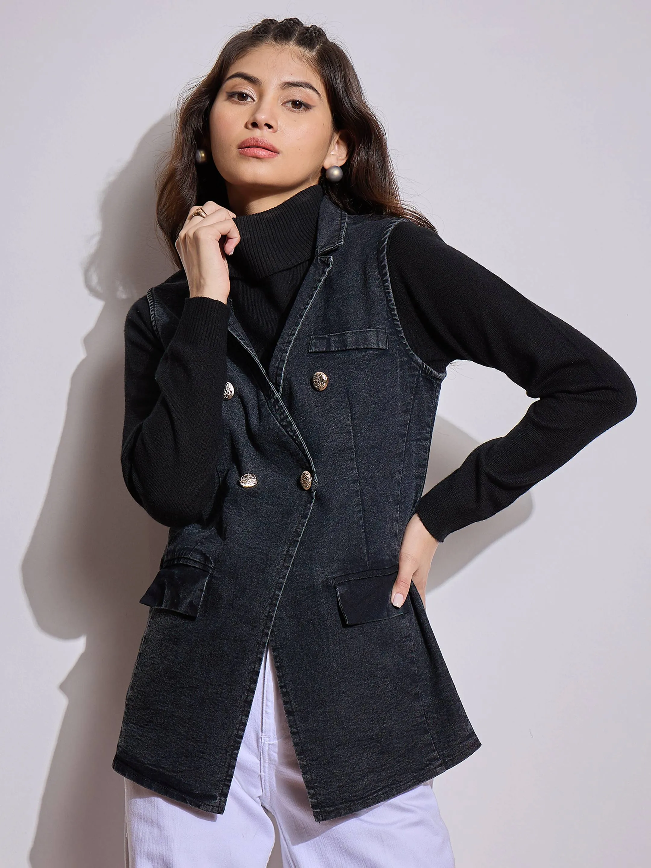 Women Black Denim Flap Pocket Sleeveless Jacket