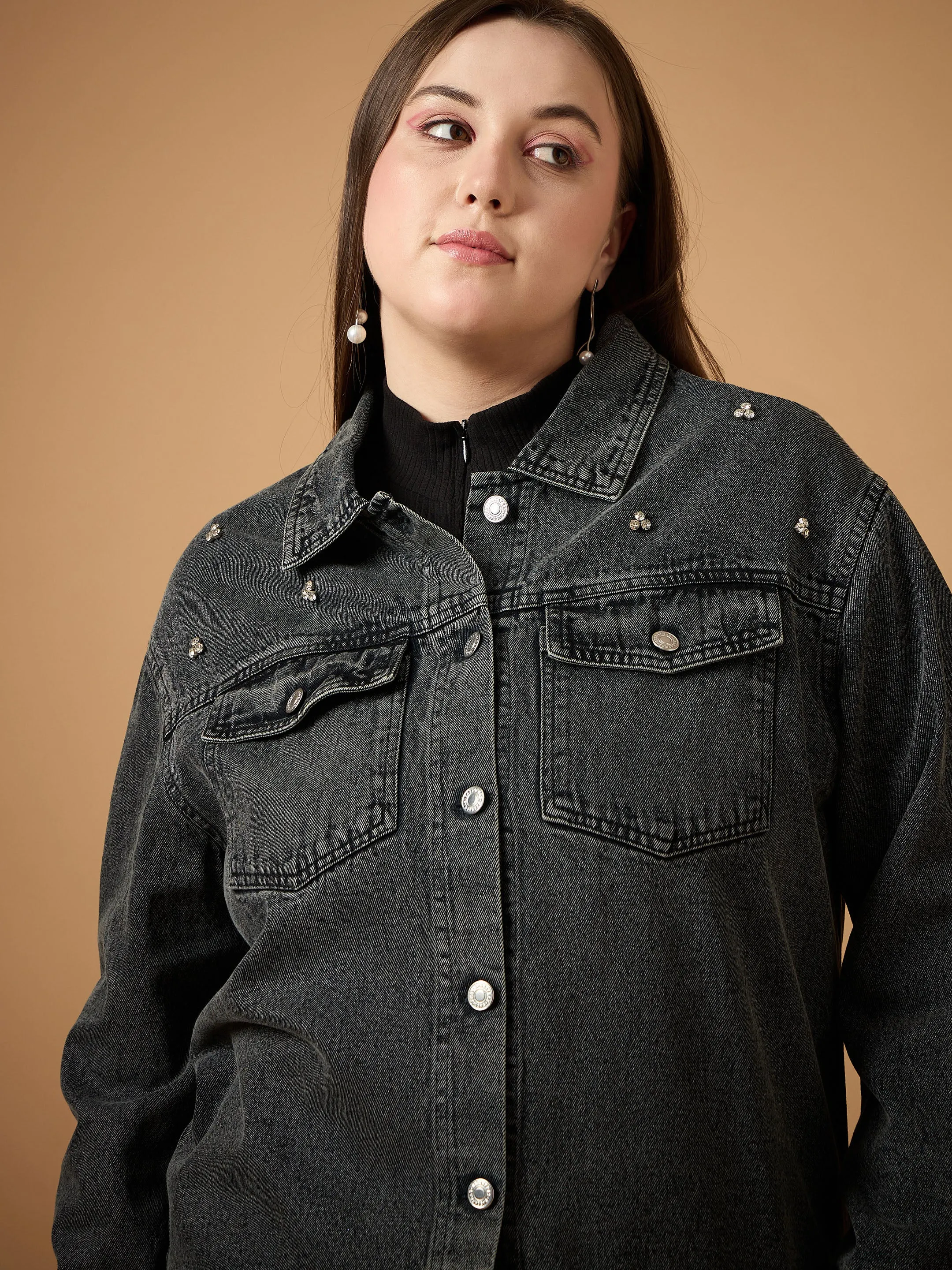 Women Black Wash Denim Jacket