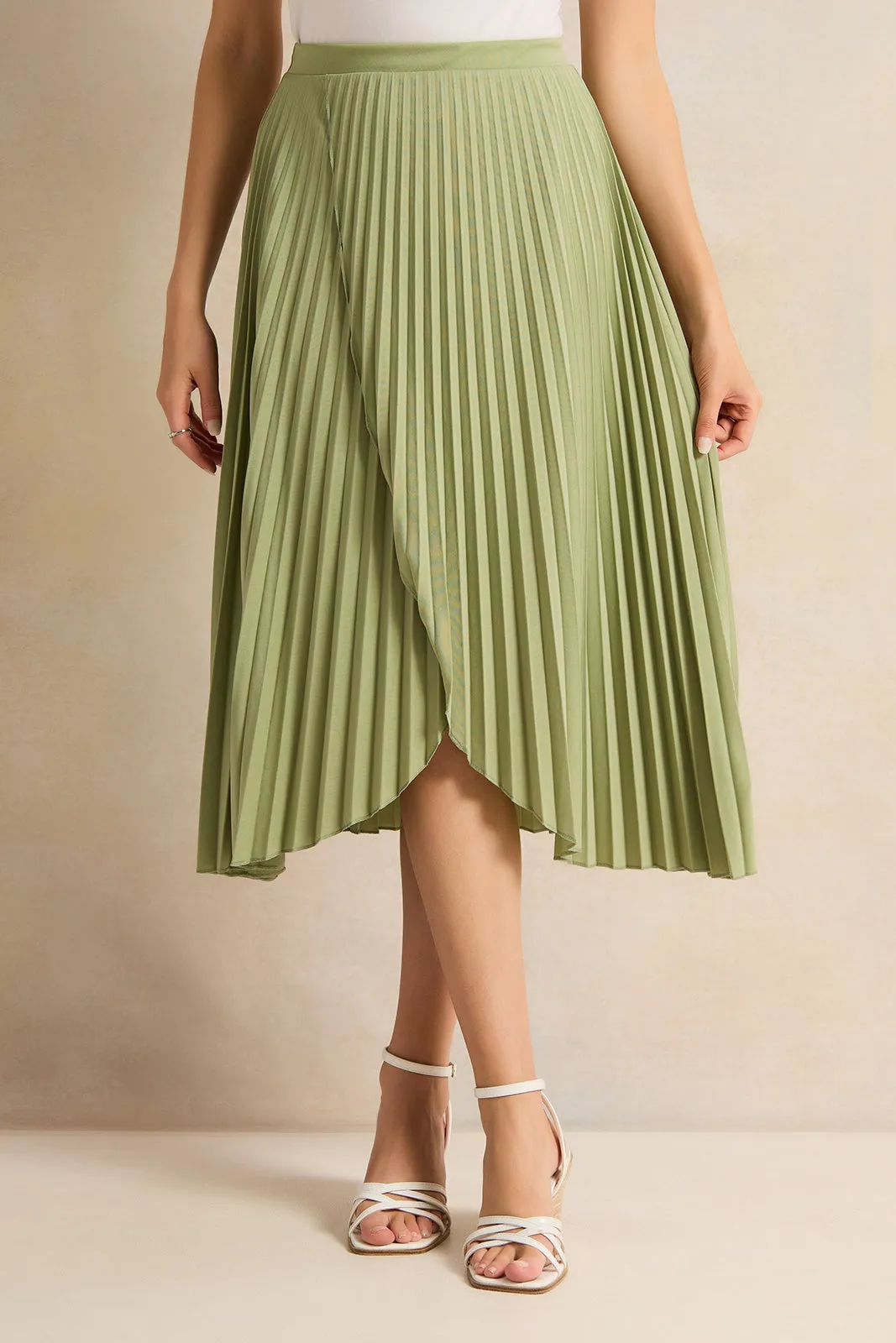 Women Green Pleat Detail Skirt