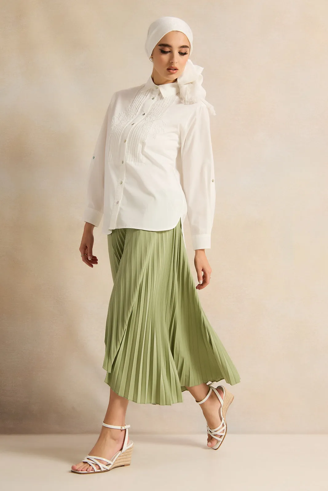 Women Green Pleat Detail Skirt