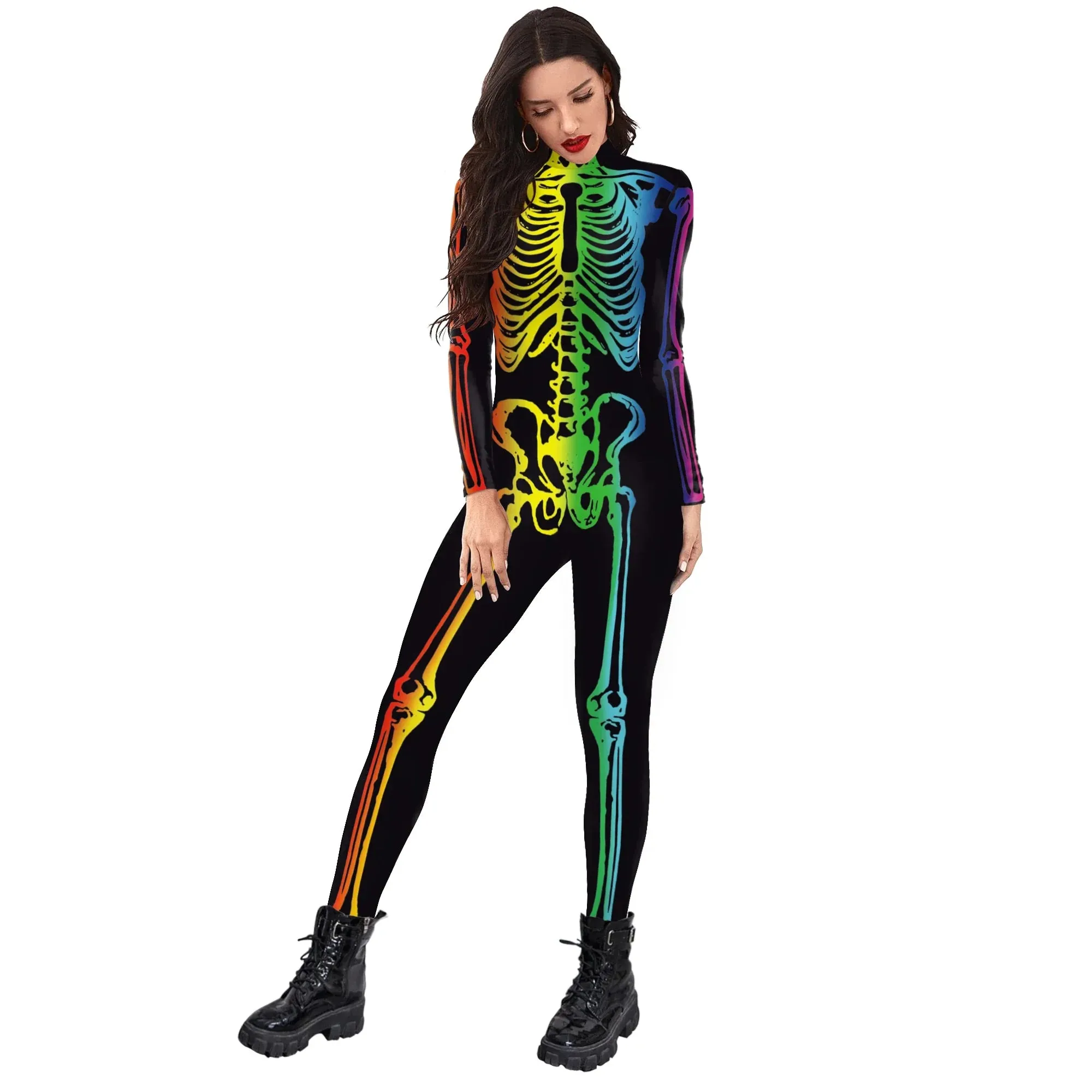 Women Skeleton Print Jumpsuits Purim Cosplay Costume Zentai Fitness Bodysuit Halloween Party Streetwear