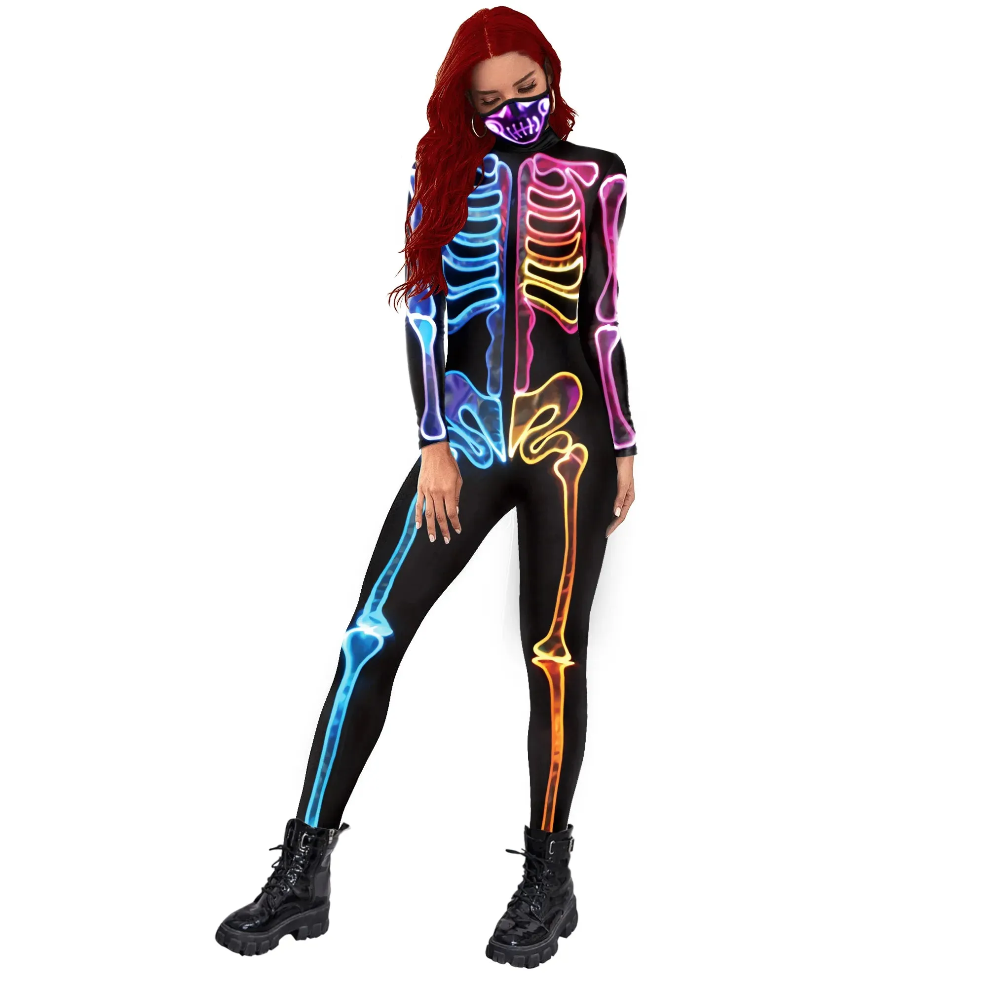 Women Skeleton Print Jumpsuits Purim Cosplay Costume Zentai Fitness Bodysuit Halloween Party Streetwear