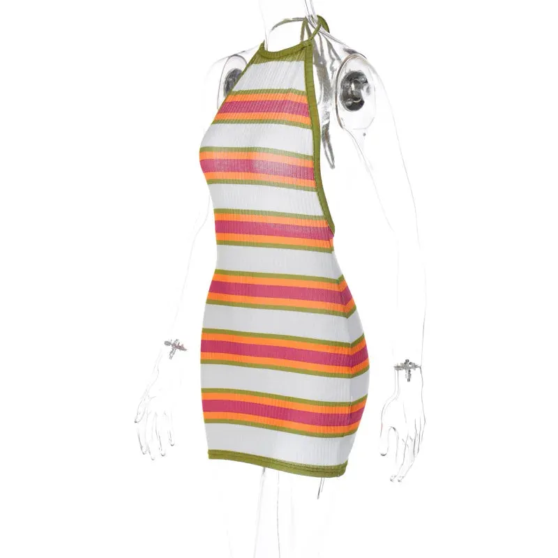 Women's Summer Multi-Color Stripe Knit Halter Neck Beachwear Mini Dress