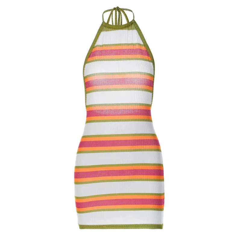 Women's Summer Multi-Color Stripe Knit Halter Neck Beachwear Mini Dress