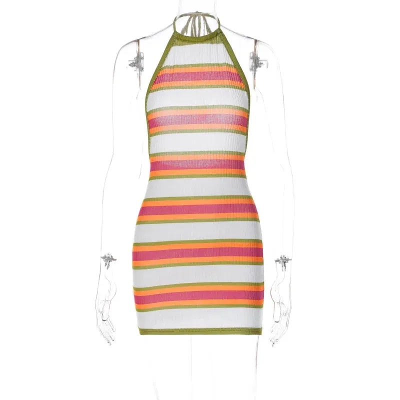 Women's Summer Multi-Color Stripe Knit Halter Neck Beachwear Mini Dress