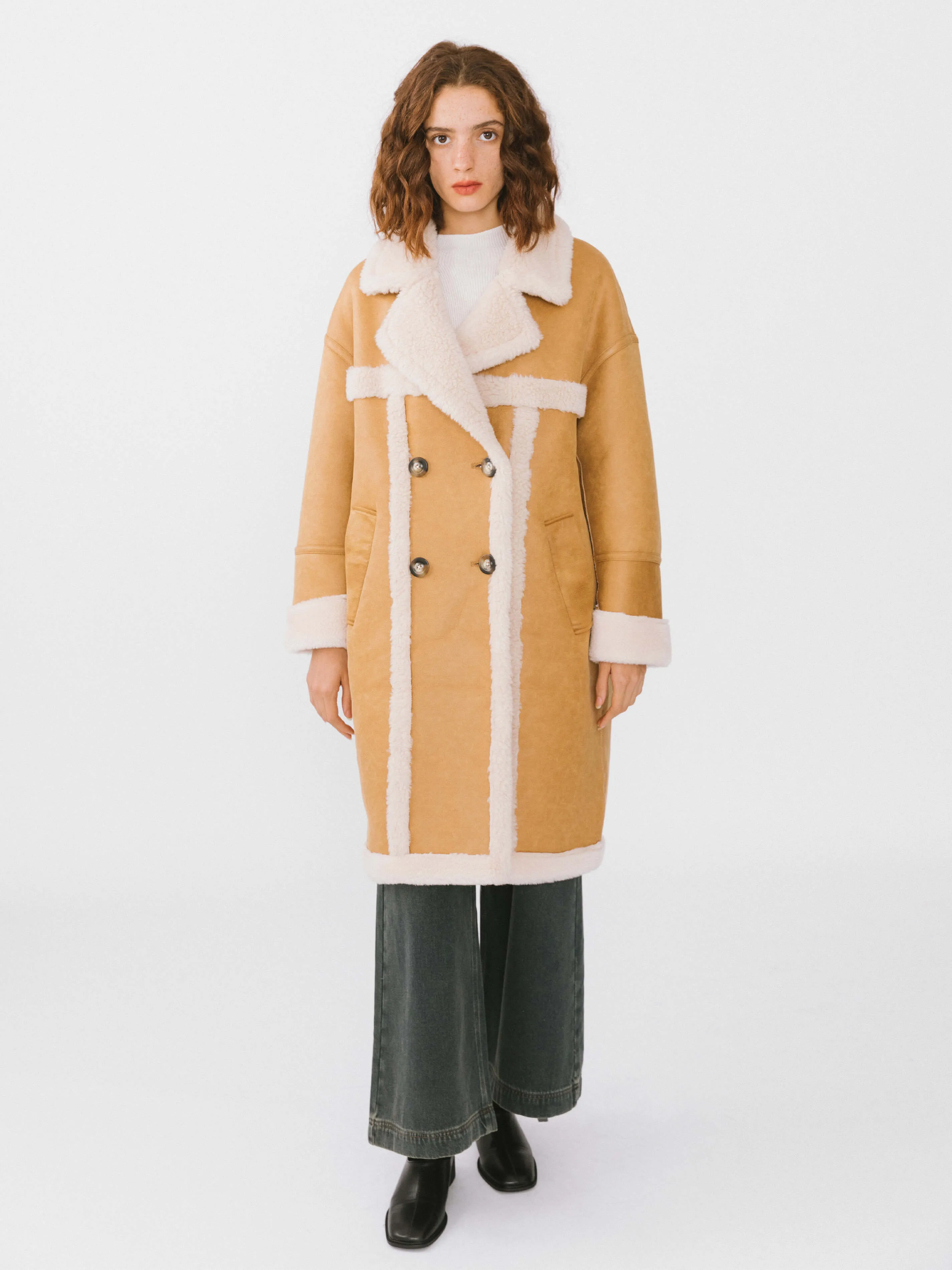 Yellow Faux Leather Sheep Wool Long Coat